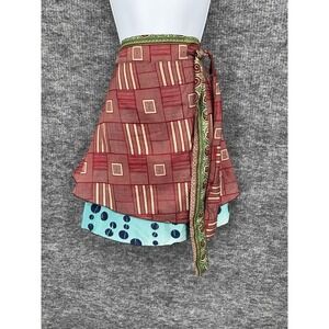 Vintage Satin Wrap Skirt Womens Adjustable Colorful Geometric Layered Short Boho